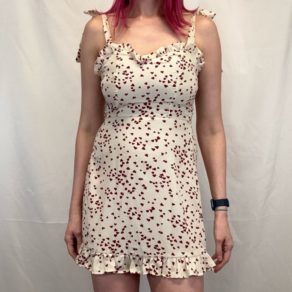 Heart Print Sweetheart Neck Tie Shoulder Dress Women’s Size S
